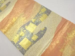 アンティーク　服部織物製　こはく錦霞に古典柄織り出し袋帯（材料）